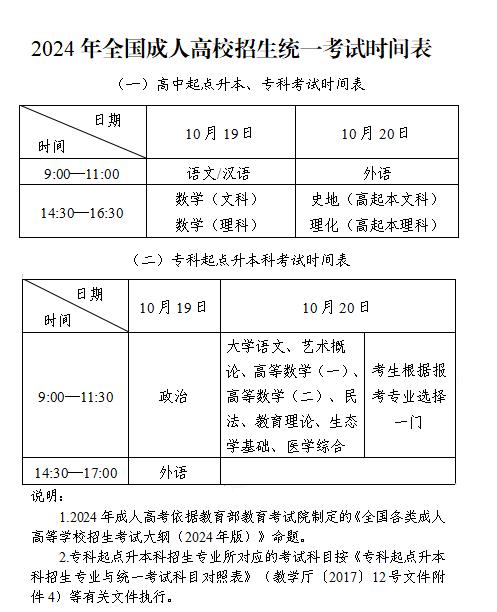 2024全国成人高考考试时间安排表